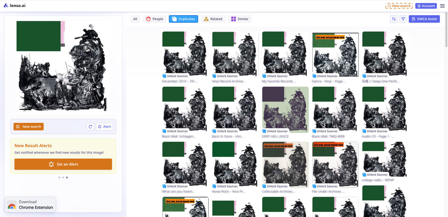 Resultados de búsqueda inversa de imágenes en Lenso.ai para la portada del álbum «Schlagenheim», de Black Midi