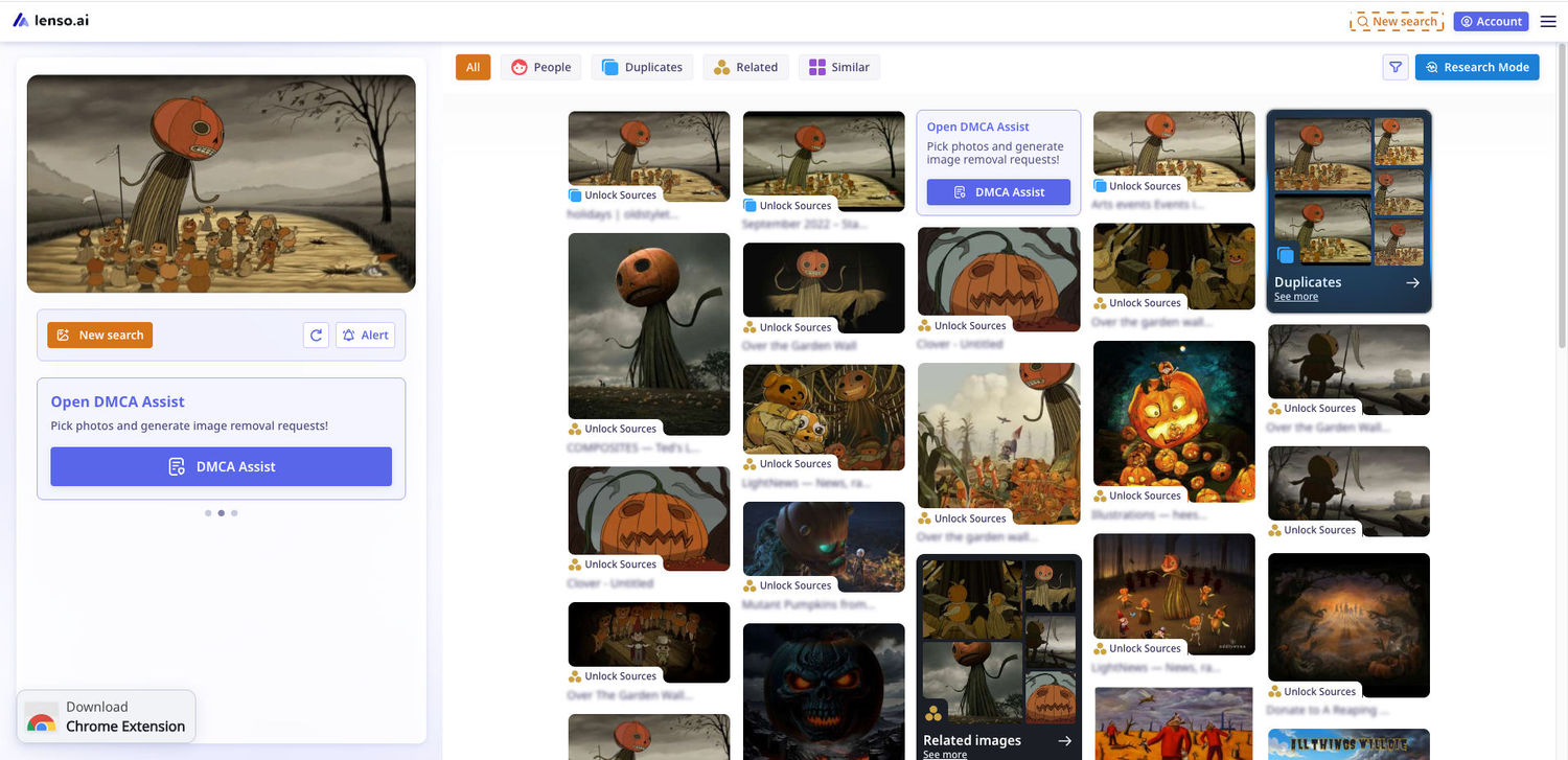 Resultados de imágenes duplicadas, relacionadas y similares en Lenso.ai para una captura de pantalla de «Over the Garden Wall»