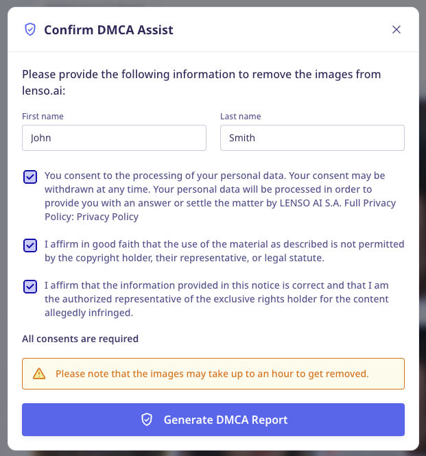 Bestätigung des DMCA-Assistenten-Formulars