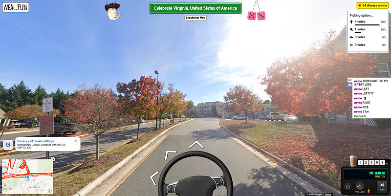 Screenshot of Neal.fun Internet Roadtrip showing a virtual street view drive