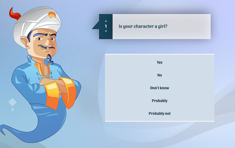 Screenshot of Akinator asking a question in the guessing game