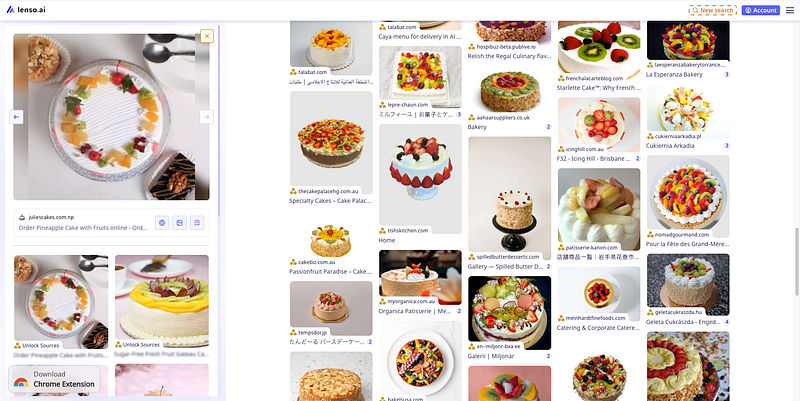 Screenshot of lenso.ai showing visually similar cake images