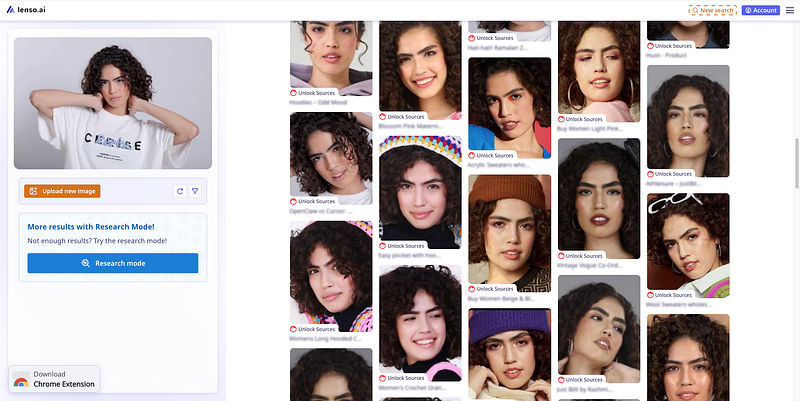Screenshot of lenso.ai showing face search results for an uploaded photo