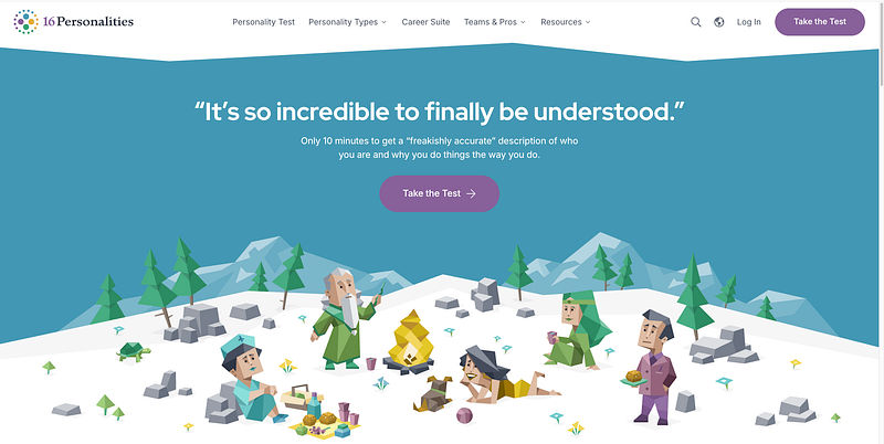 Screenshot of 16Personalities homepage with a personality test banner