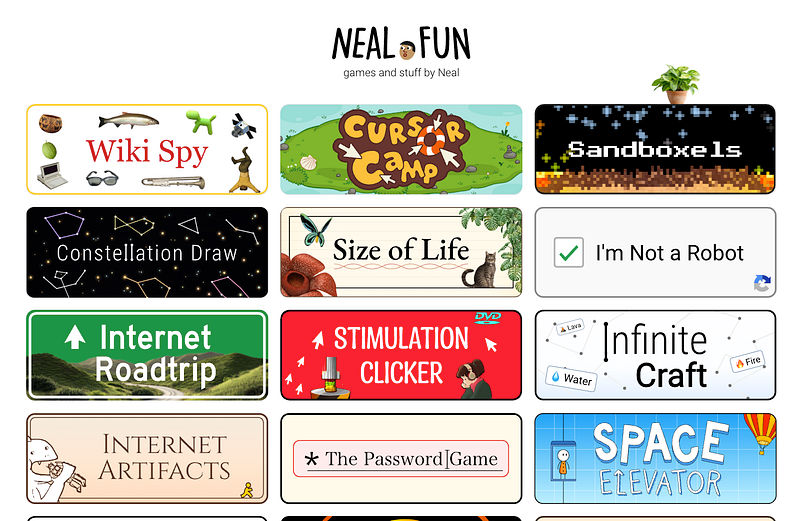 Screenshot of the Neal.fun homepage showing a grid of interactive games