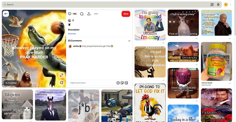 Screenshot of Pinterest showing a feed of funny and creative pins