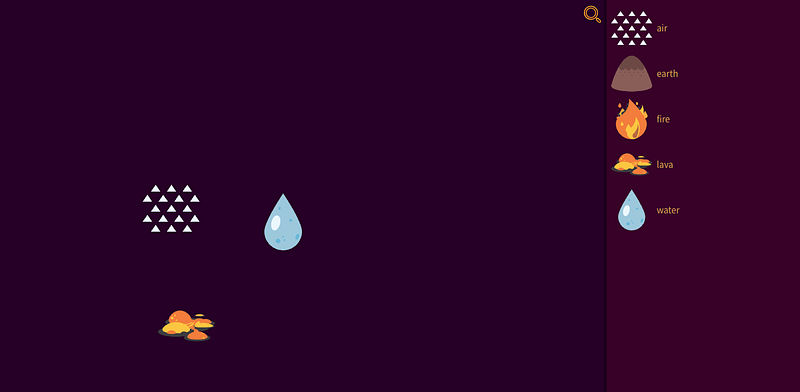 Screenshot of Little Alchemy 2 showing basic elements on the game board