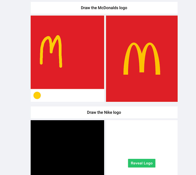 Screenshot of Neal.fun Draw Logos From Memory with logo drawing examples
