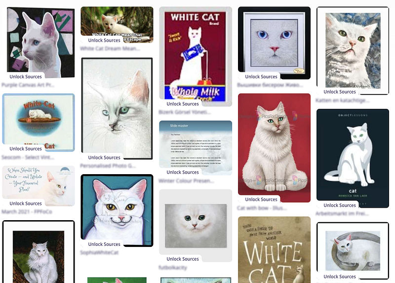 Screenshot of lenso.ai text search results for white cat images