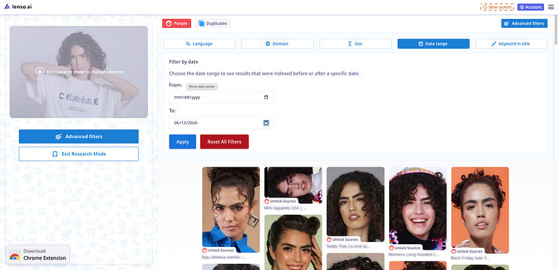 Screenshot of lenso.ai advanced filters for image search results